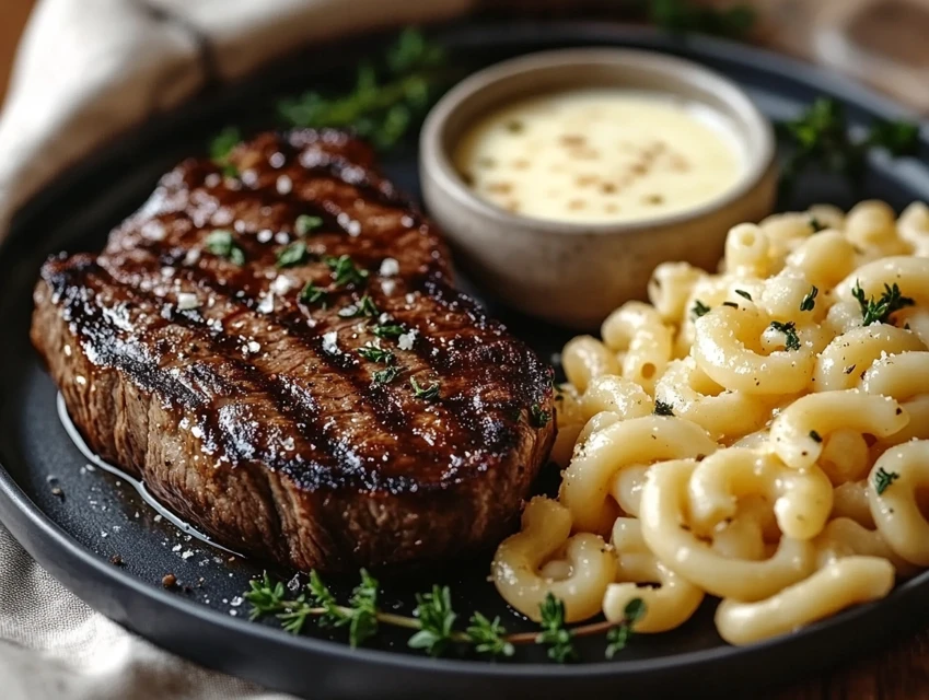 Bouchées de steak au beurre à l'ail et macaroni crémeux.