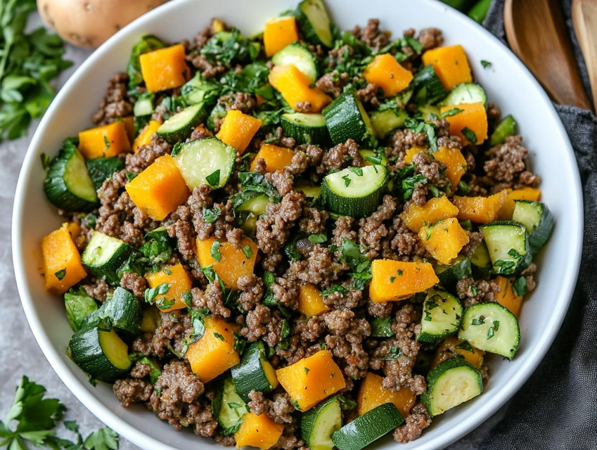 Poêlée de boeuf haché, courgette et patate douce