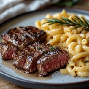 Bouchées de steak au beurre à l'ail et macaroni crémeux. 7 Bouchées de steak au beurre à l'ail et macaroni crémeux.