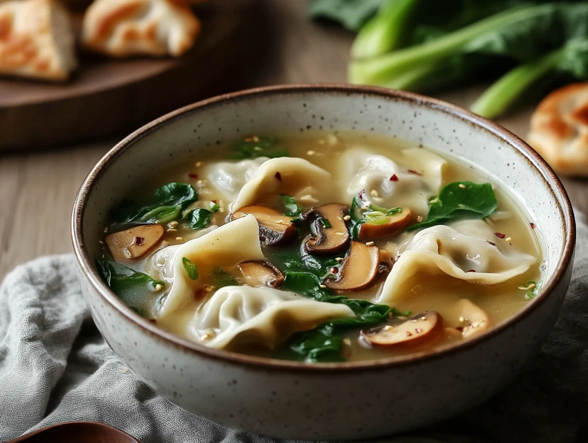 Soupe aux potstickers avec champignons et bok choy