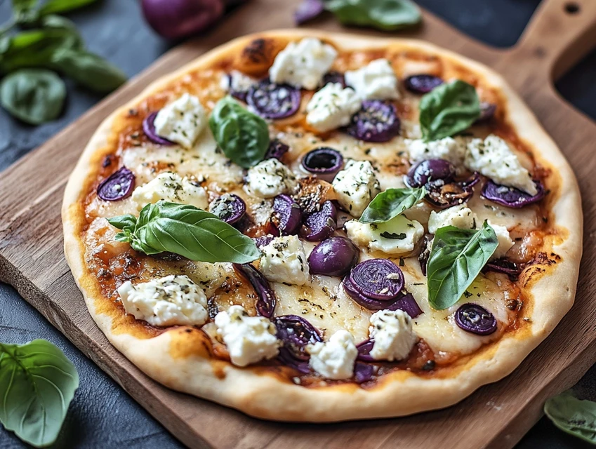 pizza naan aux myrtilles, feta et oignons caramélisés au miel