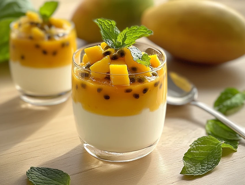 Verrine panna cotta au lait d’amande et coulis mangue-passion