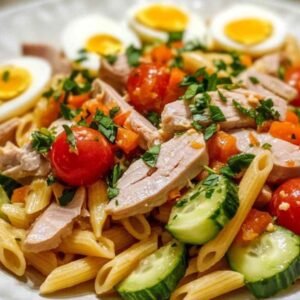 Salade de pâtes au thon, œufs durs et crudités 7 Plat complet pâtes thon œufs été