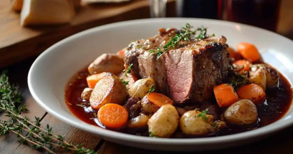 Ragoût de bœuf copieux mijoté avec légumes dans une cocotte en fonte
