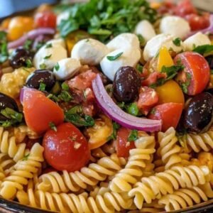 Salade de Pâtes Italienne - Fraîche et Savoureuse en 15 Minutes 7 Salade de pâtes italienne colorée avec mozzarella et tomates cerises