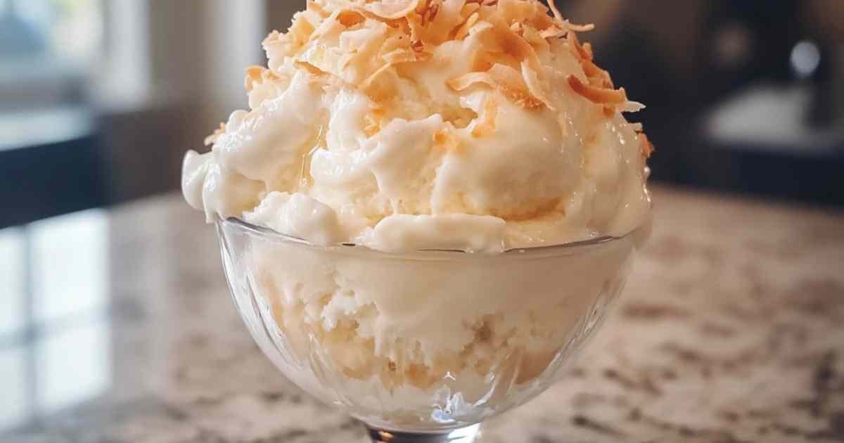Glace au lait de coco crémeuse servie dans une coupe avec des copeaux de noix de coco