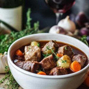 Ragoût de Bœuf Copieux: Un Festin Réconfortant pour les Soirées Fraîches 7 Assiette de ragoût de bœuf fumant servi avec du pain frais