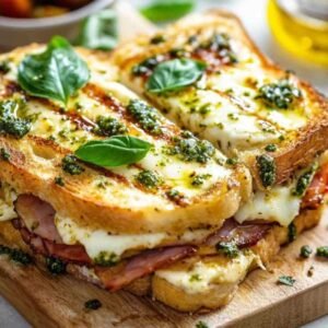 Croque-Monsieur Méditerranéen : Recette Fondante au Pesto 7 Ingrédients pour croque-monsieur méditerranéen disposés sur un plan de travail