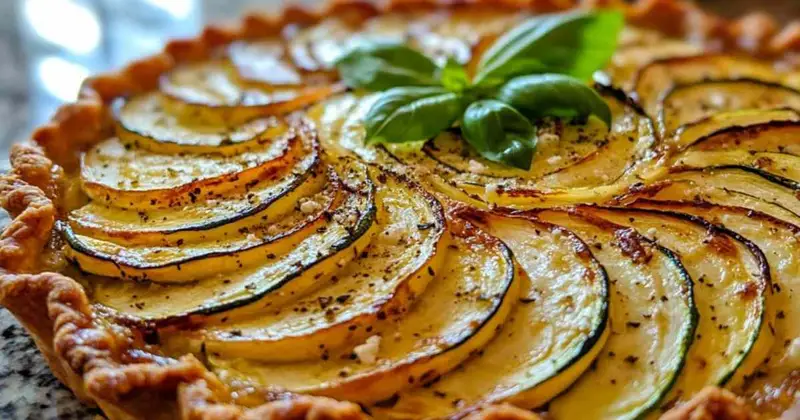 Tarte courgette fêta dorée sortant du four