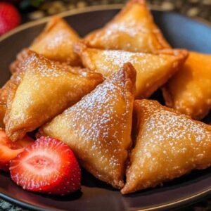 Bouchées de Wonton Frites au Cheesecake aux Fraises 7 Assiette de bouchées de wonton frites servies avec des fraises fraîches