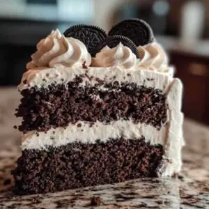 Gâteau Poke Oreo : Recette Facile et Gourmande à Essayer 7 Coupe du gâteau poke Oreo montrant les infiltrations de pudding