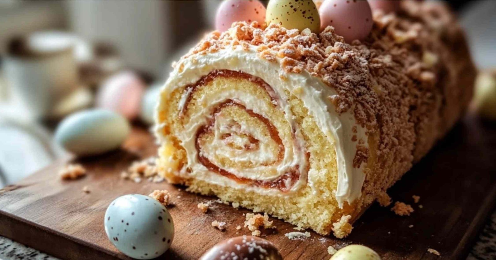 Rouleau de gâteau de Pâques festif et crémeux au chocolat blanc
