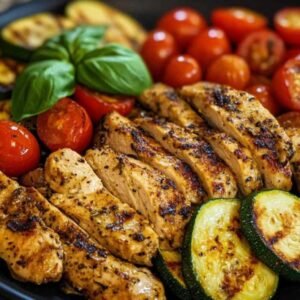 Émincé de poulet aux courgettes et tomates cerises 7 Assiette d’émincé de poulet aux courgettes et tomates cerises garni de basilic