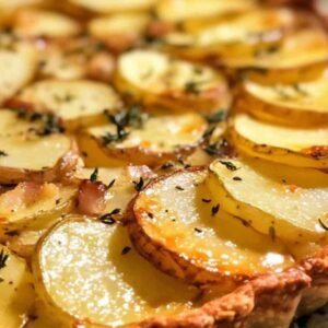 Tarte aux pommes de terre, camembert et lardons 4 Tarte aux pommes de terre, camembert et lardons dorée sortant du four