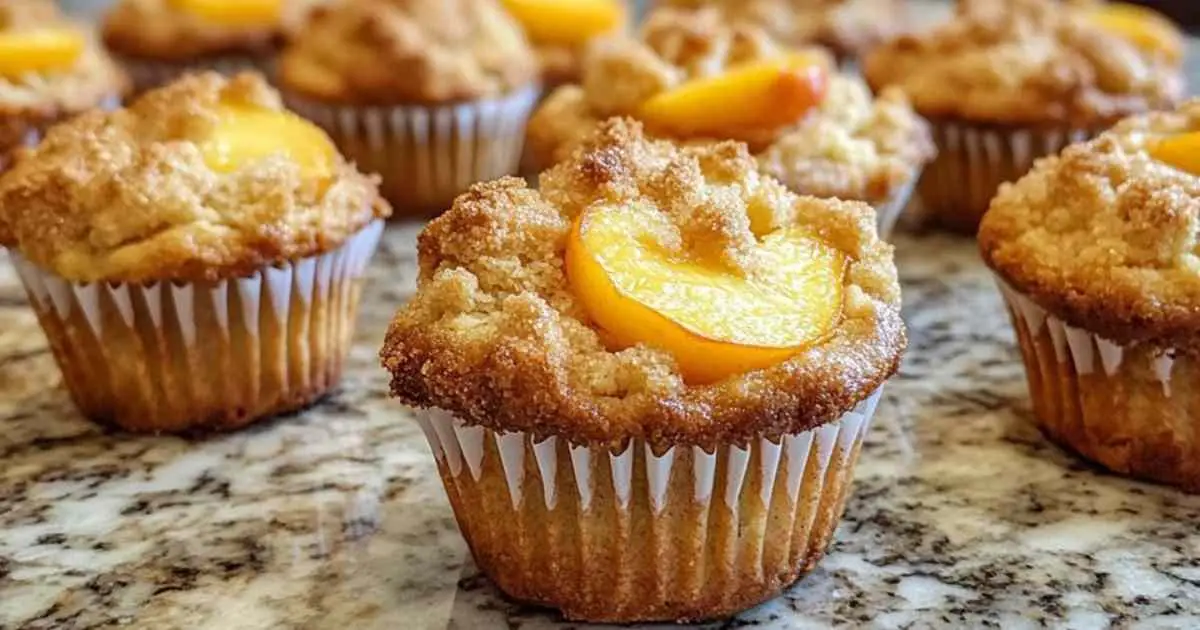 Muffins au pêche cobbler avec crumble doré sur le dessus