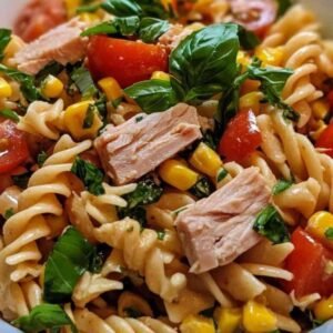Salade de Pâtes Complètes au Thon 7 Ingrédients pour salade de pâtes complètes au thon disposés sur plan de travail