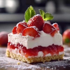 Lasagne aux Fraises - Dessert d’Été Sans Cuisson Facile et Rafraîchissant 7 Portion de lasagne aux fraises montrant les différentes couches