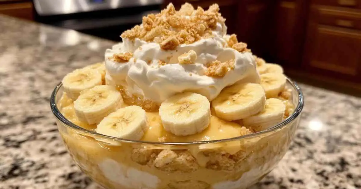 Pudding aux bananes crémeux avec couches de biscuits et bananes fraîches