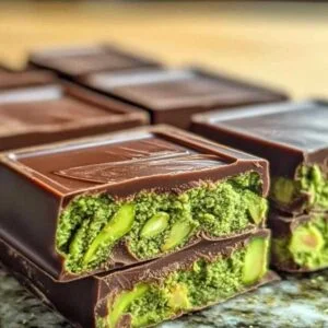 Chocolat Dubaï : Douceur Pistachée Facile à Réaliser 4 Carrés de chocolat Dubaï à la pistache sur une assiette de service