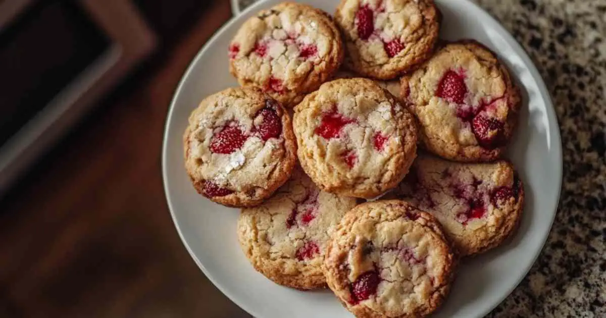 Cookies aux fraises en quatre versions différentes disposés sur une assiette