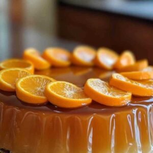 Pastel Inversé d’orange : Recette Facile et Gourmande 7 Tranche de gâteau renversé à l’orange servie sur une assiette