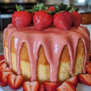 Gâteau Moelleux aux Fraises 7 Part de gâteau aux fraises montrant la texture moelleuse et le glaçage onctueux