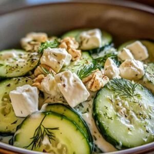 Salade Crémeuse de Concombres au Fromage et aux Noix 7 Salade de concombres crémeuse servie avec du pain pita et des olives