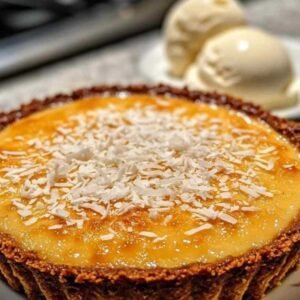 Tarte à la Noix de Coco Sans Croûte 7 Tarte à la noix de coco servie avec fruits rouges et crème
