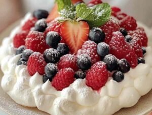 Pavlova aux fruits rouges garnie de fraises, framboises et myrtilles fraîches