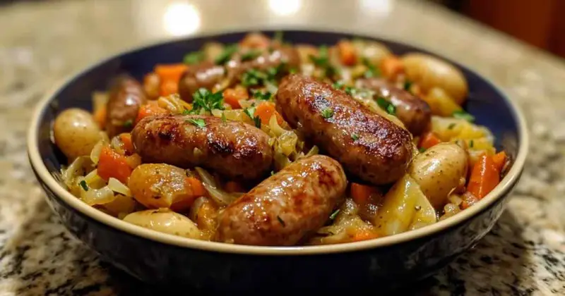 Bol de ragoût de saucisses avec légumes colorés et persil frais