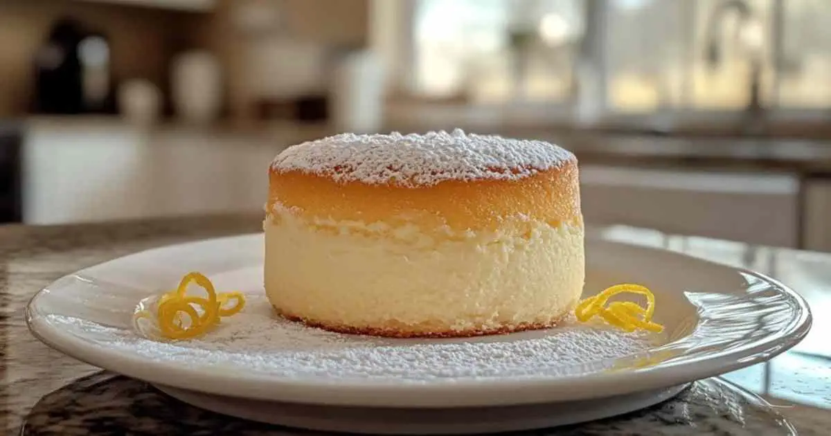 Gâteau nuage au yaourt moelleux saupoudré de sucre glace sur un plat de service