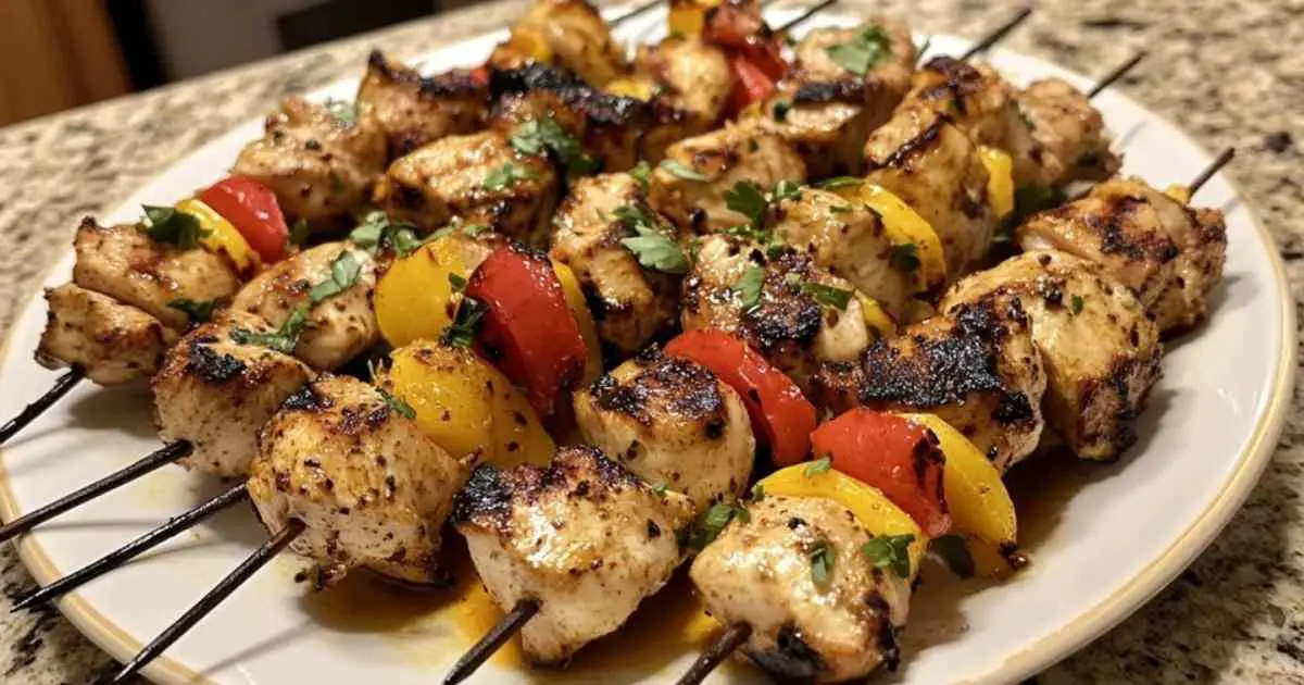 Brochettes de poulet au citron servies avec salade grecque et tzatziki