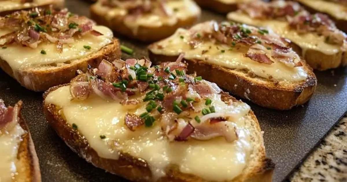 Bruschettas au fromage à raclette fondu, parsemées de ciboulette fraîche avec le fromage qui file délicieusement