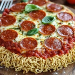 Pizza Ramen 7 Pizza ramen fusion avec fromage fondant et garnitures colorées sur fond rustique