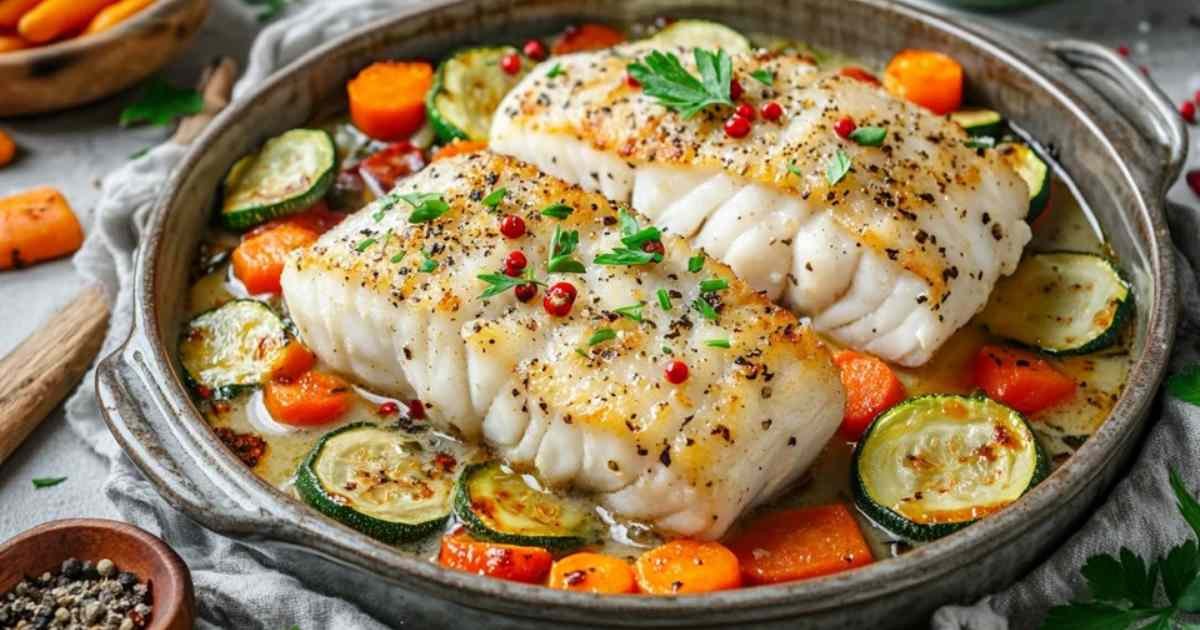 Filets de cabillaud à la crème et légumes dans un plat à four