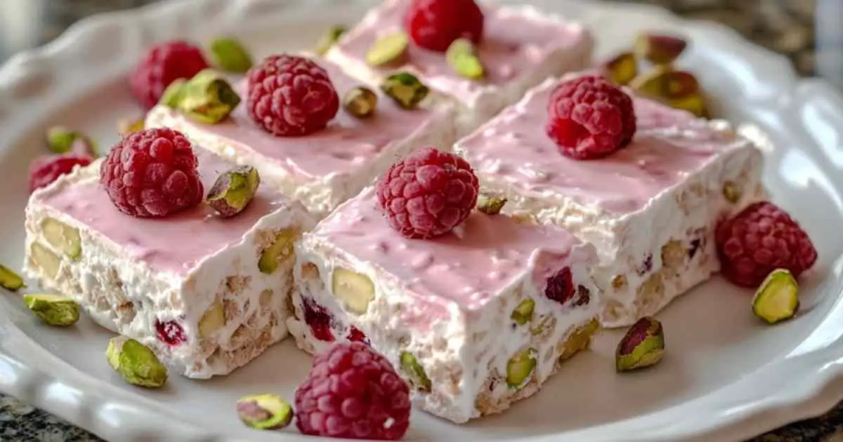 Nougat tendre à la framboise et pistache sur plat de service