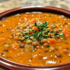 Soupe de Lentilles Corail et Carottes : Un Délice Nutritif Pour Toute la Famille 7 Soupe de lentilles corail et carottes dans un bol blanc avec garniture de coriandre