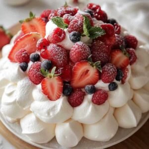 Pavlova aux Fruits Rouges : Une Douceur Aérienne Couronnée de Fruits Frais 7 Garniture de la pavlova avec crème fouettée et fruits rouges frais