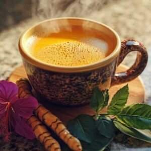 Tasse d’infusion au curcuma et corossol prête à déguster