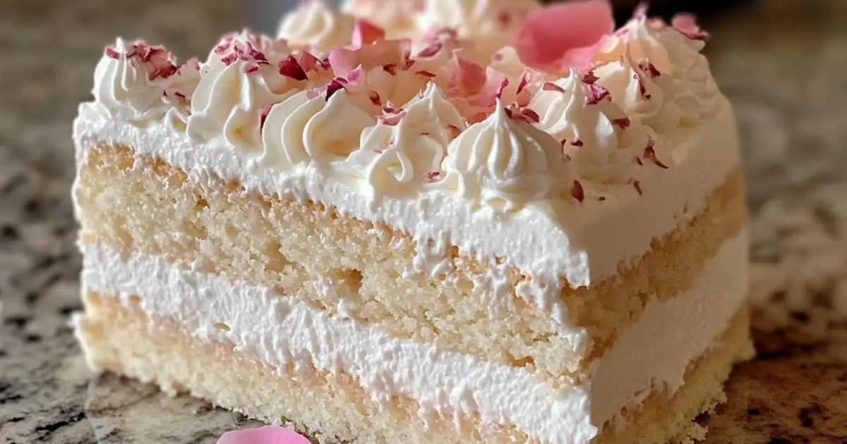 Tranche de gâteau nuage montrant les couches et la garniture aux litchis