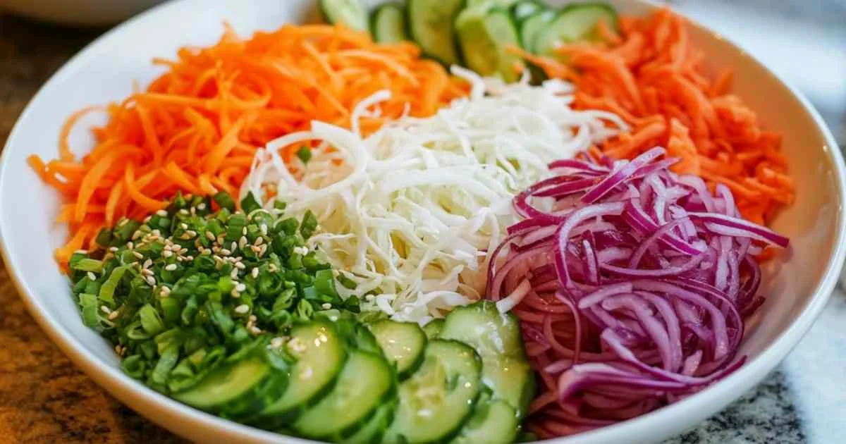 Ingrédients pour salade détox : chou blanc, carotte, concombre, oignon rouge et citron