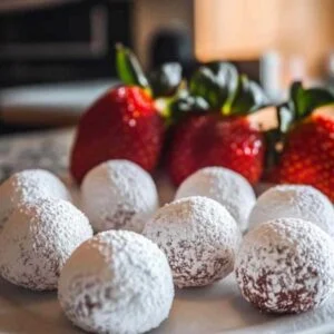 Truffes aux Fraises: Dessert Facile au Chocolat Blanc et Fruits Frais 7 Truffes aux fraises enrobées de sucre glace sur assiette blanche