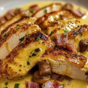 Émincés de Poulet à la Moutarde 7 Émincés de poulet cuisinant dans une poêle avec la sauce à la moutarde