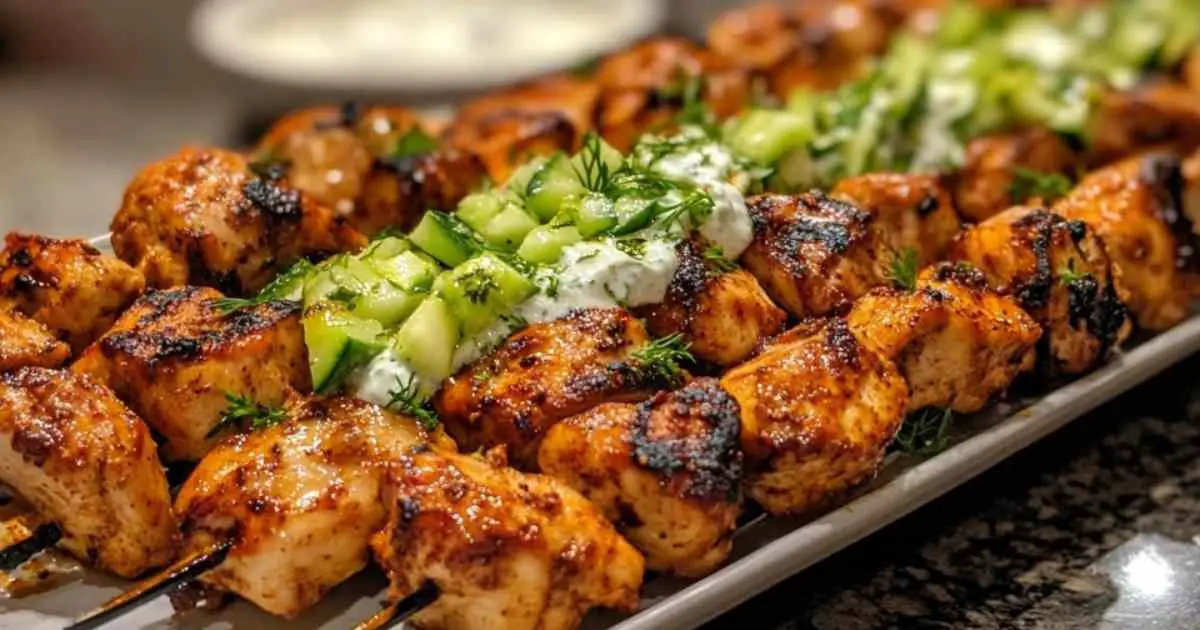 Poulet à la grecque grillé et doré servi avec du tzatziki