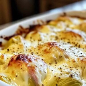 Endives au Jambon Gratinées : Le Plat Réconfortant par Excellence 7 Endives enroulées dans du jambon disposées dans un plat à gratin