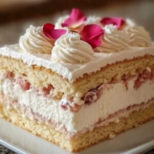 Gâteau Nuage à la Rose et Litchi 7 Gâteau nuage à la rose et litchi décoré de pétales de rose comestibles