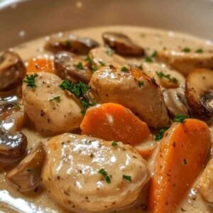 Blanquette de Poulet aux Champignons 7 Assiette de blanquette de poulet aux champignons servie avec du riz