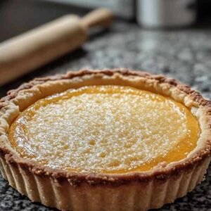 Pâte Brisée Sucrée Facile 7 Pâte brisée sucrée crue étalée dans un moule à tarte