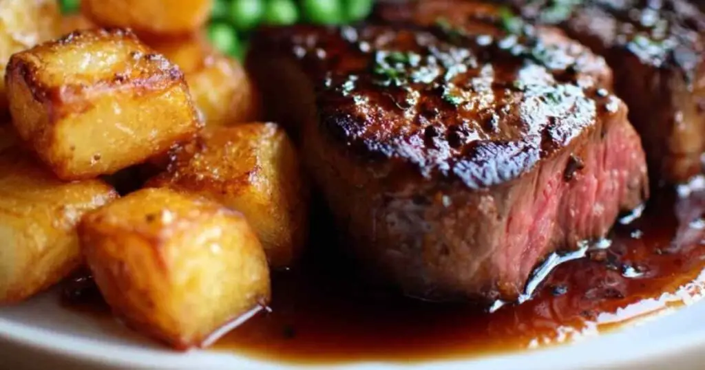 Bifteck Sauce au Poivre avec Pommes de Terre Rissolées et Petits Pois 1 Bifteck juteux nappé de sauce au poivre noir et crème fraîche