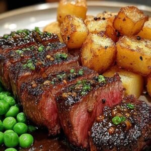 Bifteck Sauce au Poivre avec Pommes de Terre Rissolées et Petits Pois 3 Pommes de terre rissolées dorées et croustillantes